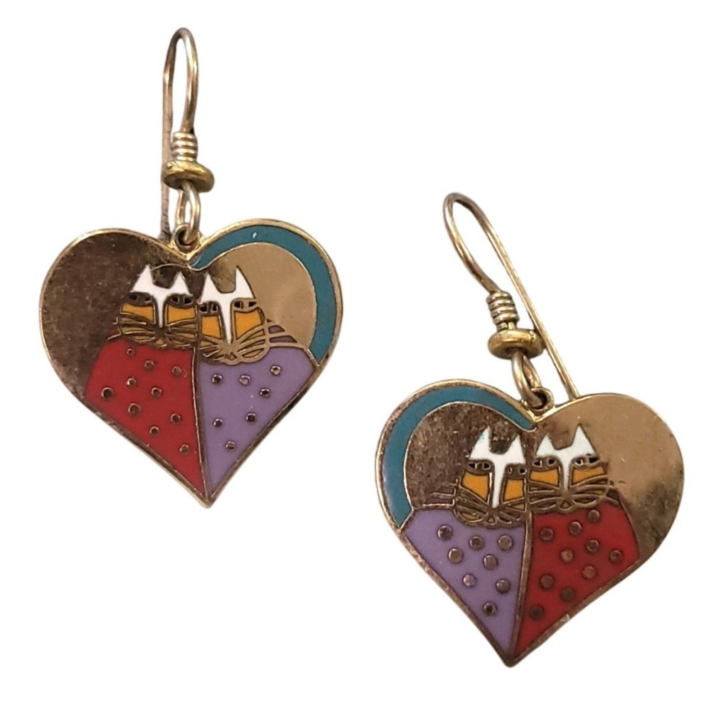 Laurel Burch Sweet Hearts 2005 Cat Heart Enamel Drop Earrings Gold Tone Dangle
